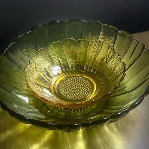 Two Vintage Green and yellow Indiana Glass Decorative/serving bowls.